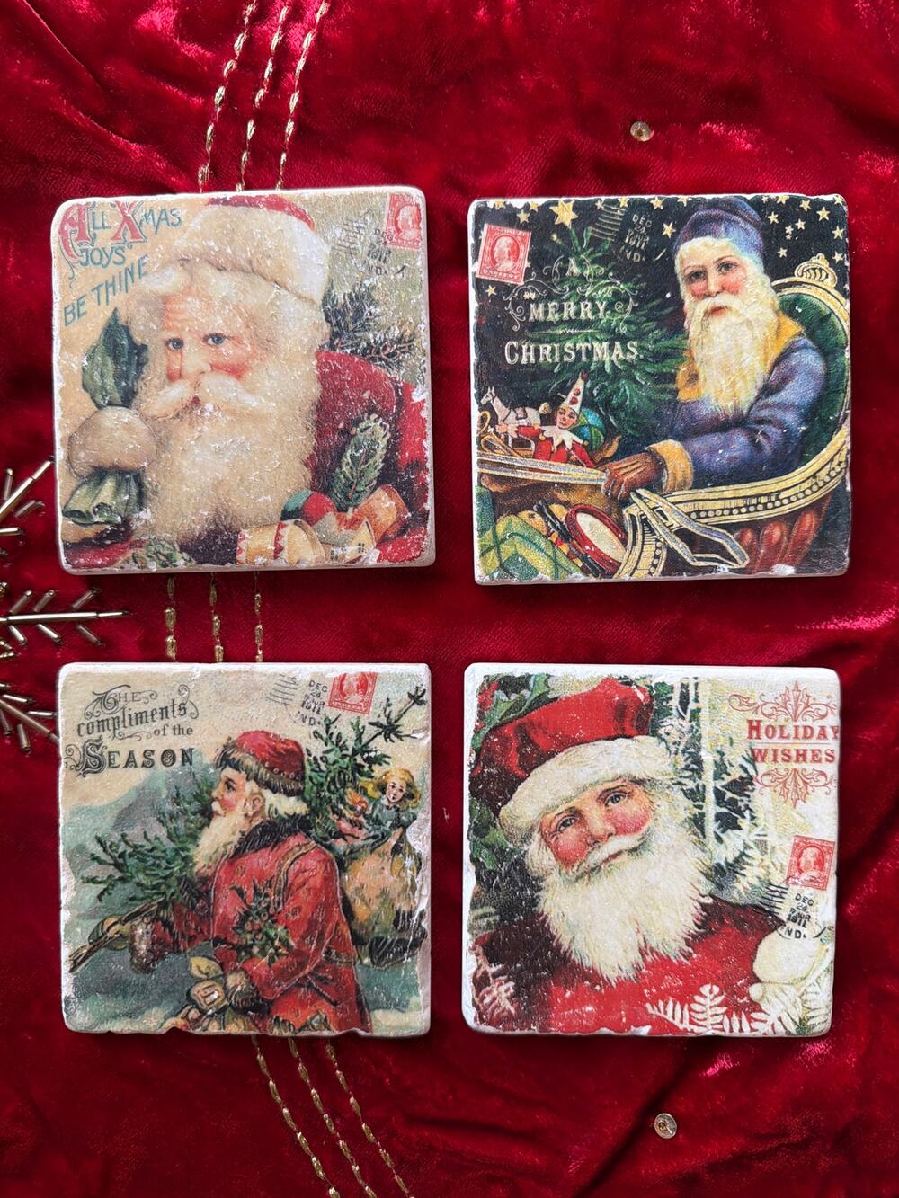 Studio Vertu Handmade Victorian Christmas Santa 4” Coaster Set Made USA Gift